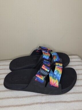 Chaco Chillos Slides Sandals with Rainbow Tie-Dye Straps Black Sz 6